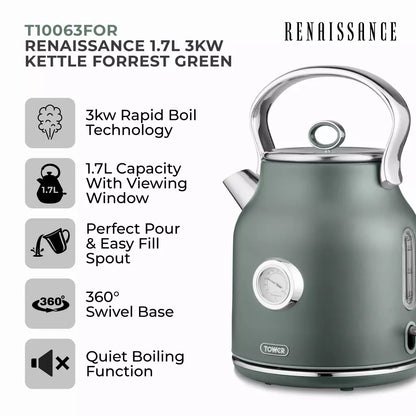 Forest green electric Renaissance kettle with chrome handle, spout, and water-level dial