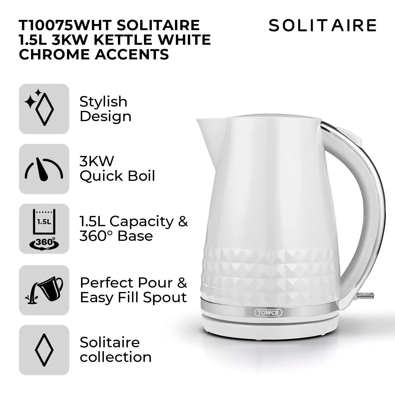 Tower Tower Solitaire Kettle, 2 Slice Toaster, Bread Bin & Canisters Kitchen Set (White)