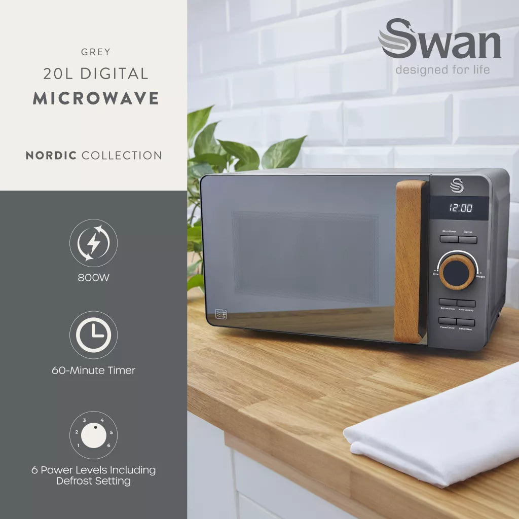 Swan Nordic Jug Kettle, 2 Slice Toaster & Microwave Kitchen Set (Grey)