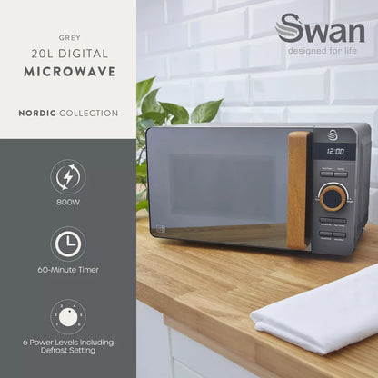 Swan Nordic Jug Kettle, 2 Slice Toaster & Microwave Kitchen Set (Grey)