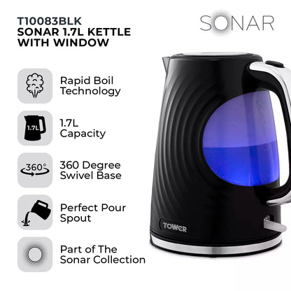 Tower Sonar Kettle, 2 Slice Toaster & Microwave Kitchen Set (Black)