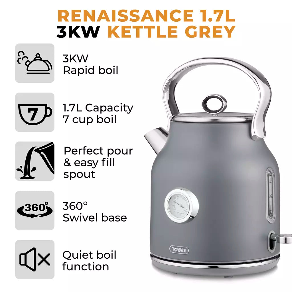 Tower Tower Renaissance Kettle, 4 Slice Toaster, Bread Bin & Canisters Kitchen Set (Grey)