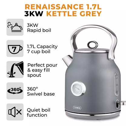 Tower Tower Renaissance Kettle, 4 Slice Toaster, Bread Bin & Canisters Kitchen Set (Grey)
