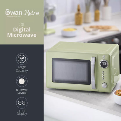 Swan Retro Pyramid Kettle, 4 Slice Toaster & Microwave Kitchen Set (Green)