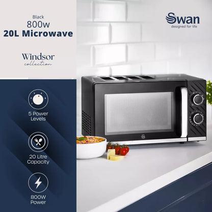 Swan Windsor Kettle, 2 Slice Toaster & Microwave Kitchen Set (Black)