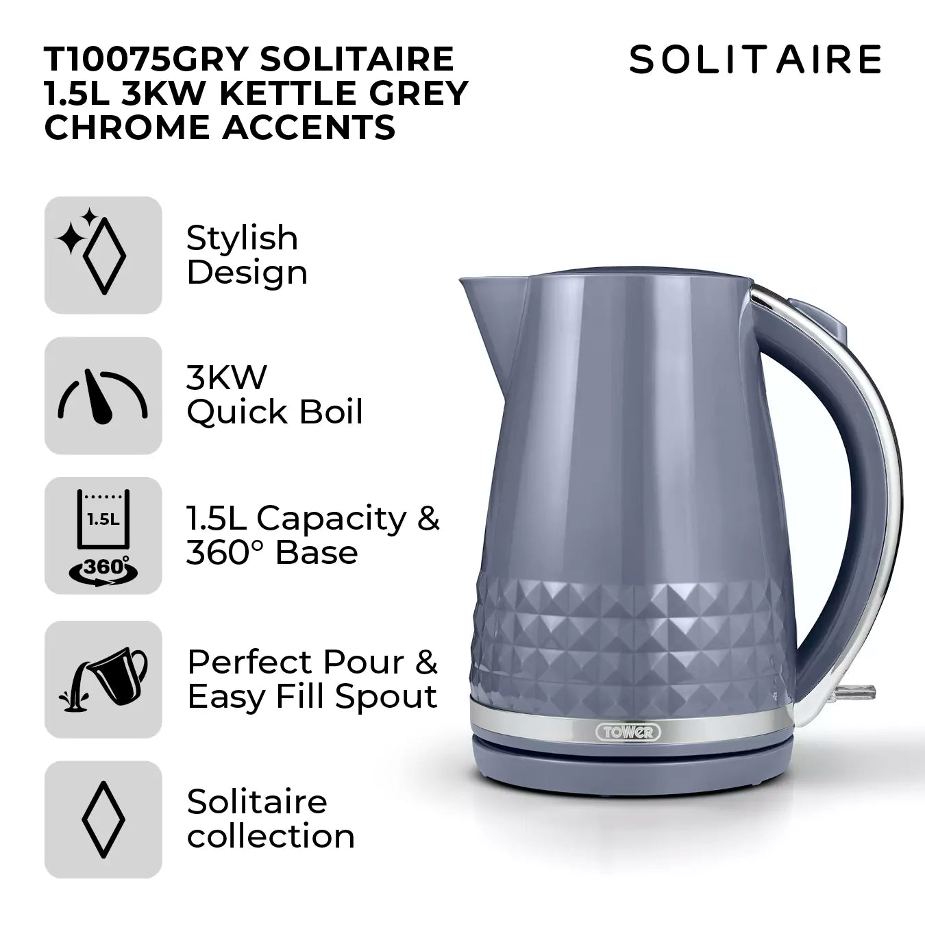 Tower Tower Solitaire Jug Kettle, 2 Slice Toaster, Bread Bin & Canisters Kitchen Set (Grey)