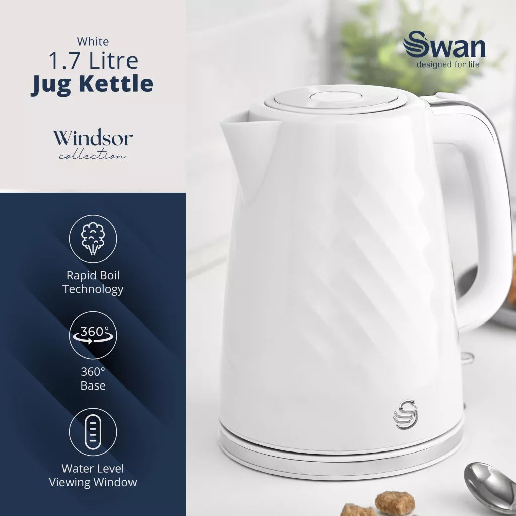 Swan Windsor Kettle & 2 Slice Toaster Kitchen Set (White)