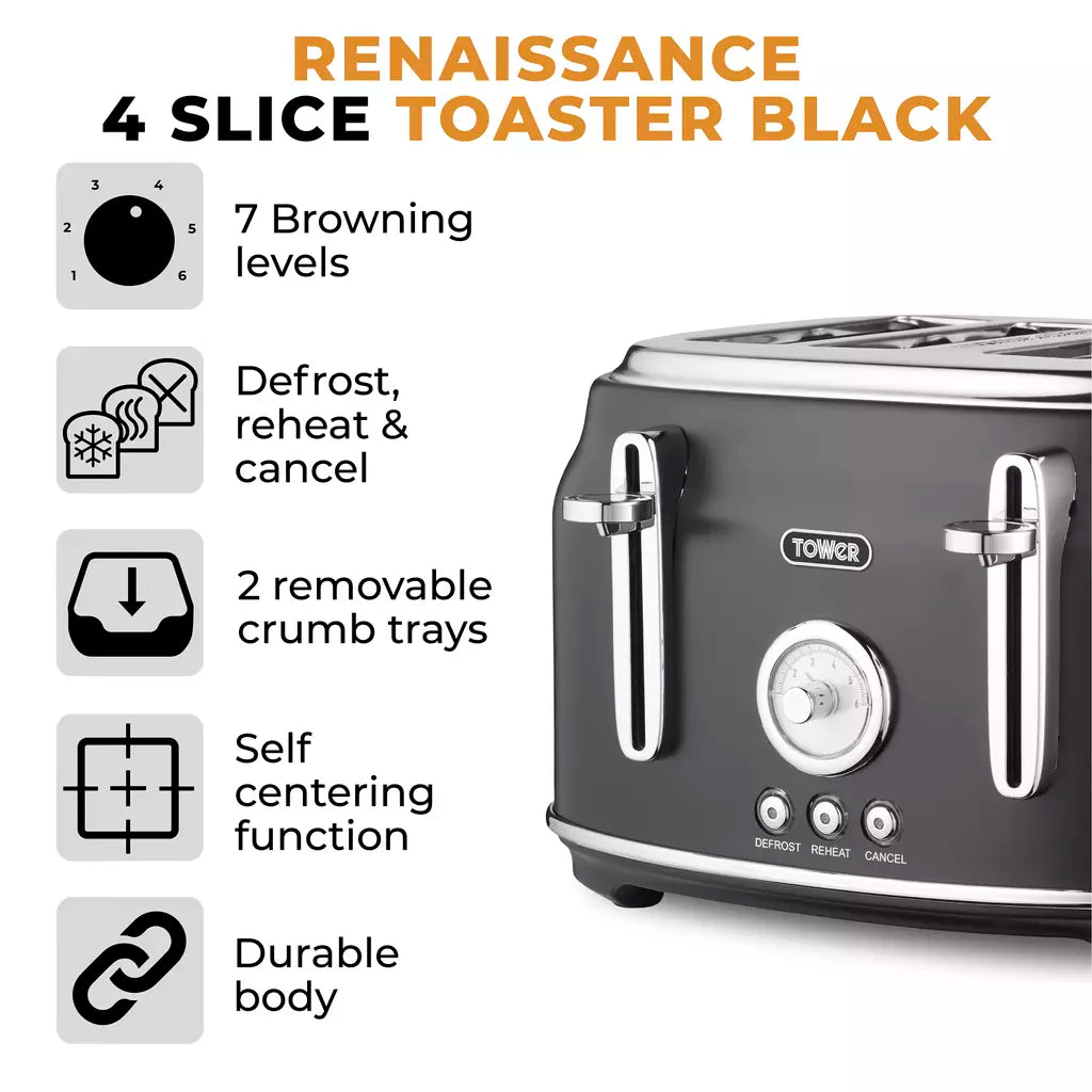 Tower Tower Renaissance Kettle & 4 Slice Toaster Kitchen Set (Black)