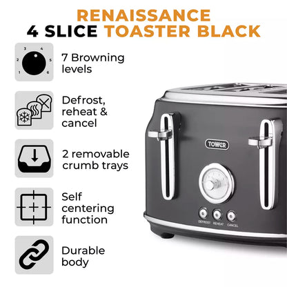 Tower Tower Renaissance Kettle & 4 Slice Toaster Kitchen Set (Black)