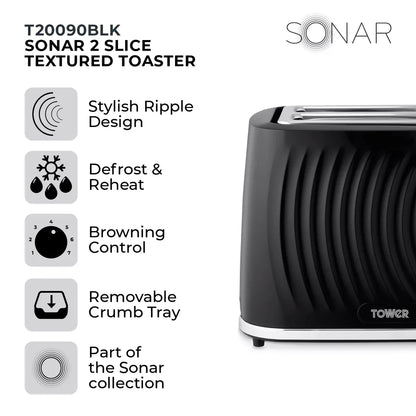 Tower Sonar Kettle & 2 Slice Toaster Matching Kitchen Set (Black)