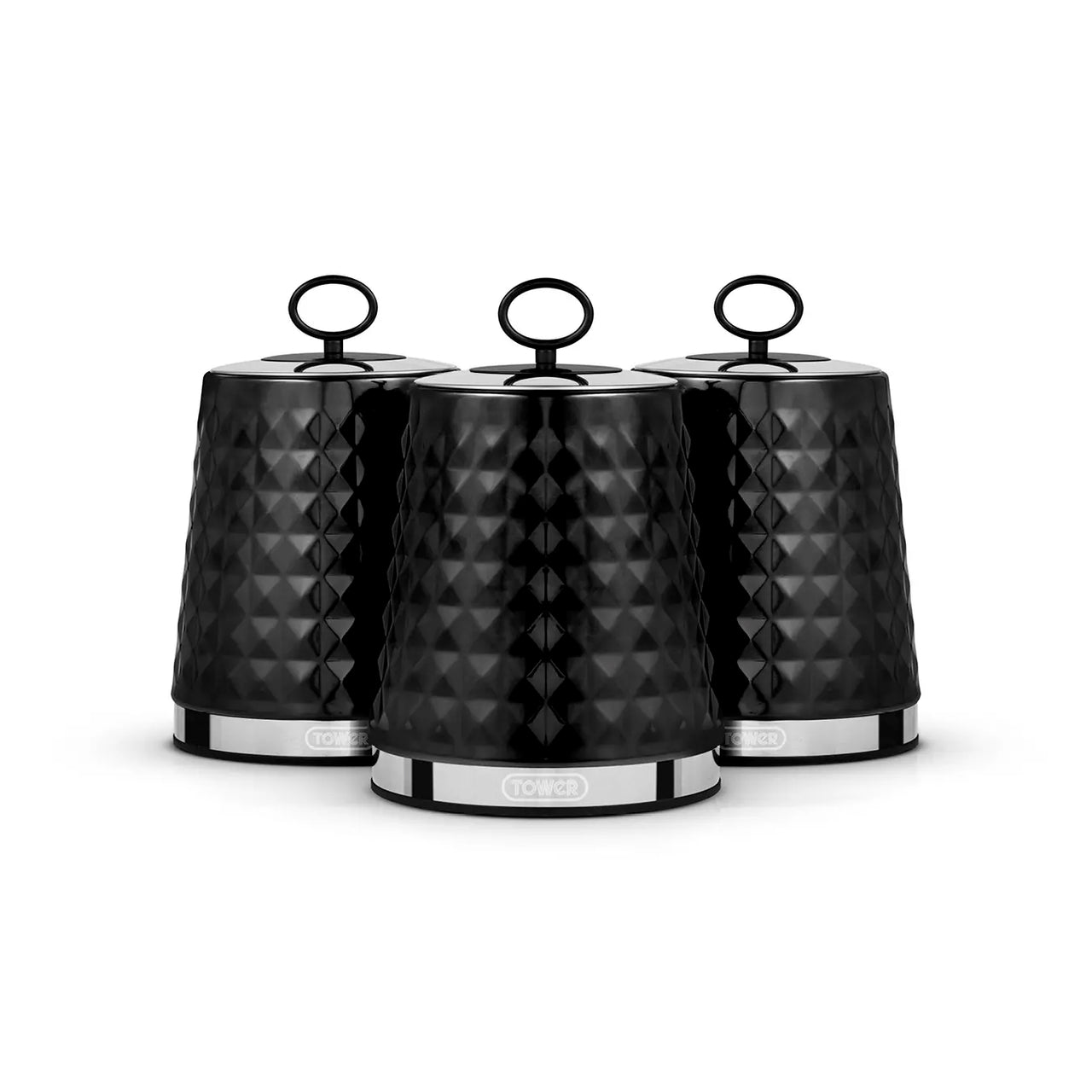 Tower Solitaire Jug Kettle, 2 Slice Toaster, Bread Bin & Canisters Kitchen Set (Black)