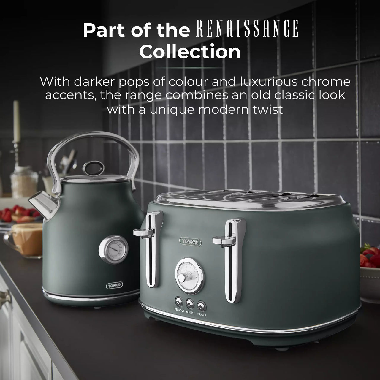 Forest green kettle and four-slice toaster set with chrome accents