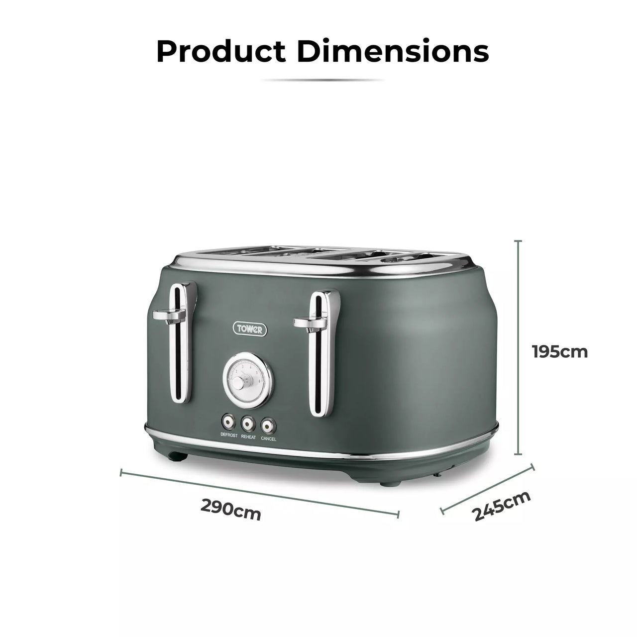 Forest green 4-slice toaster showing top controls and side profile with measurements