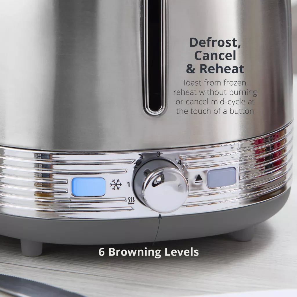 Stainless steel toaster base with browning control dial and blue indicator light