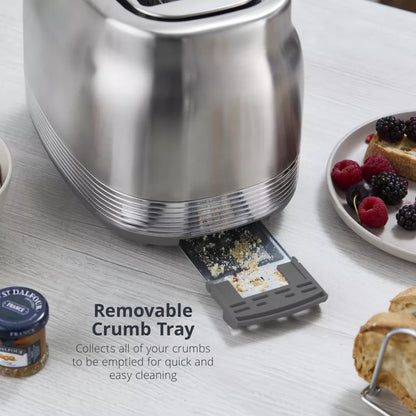 Stainless steel toaster with removable crumb tray pulled out for easy cleaning