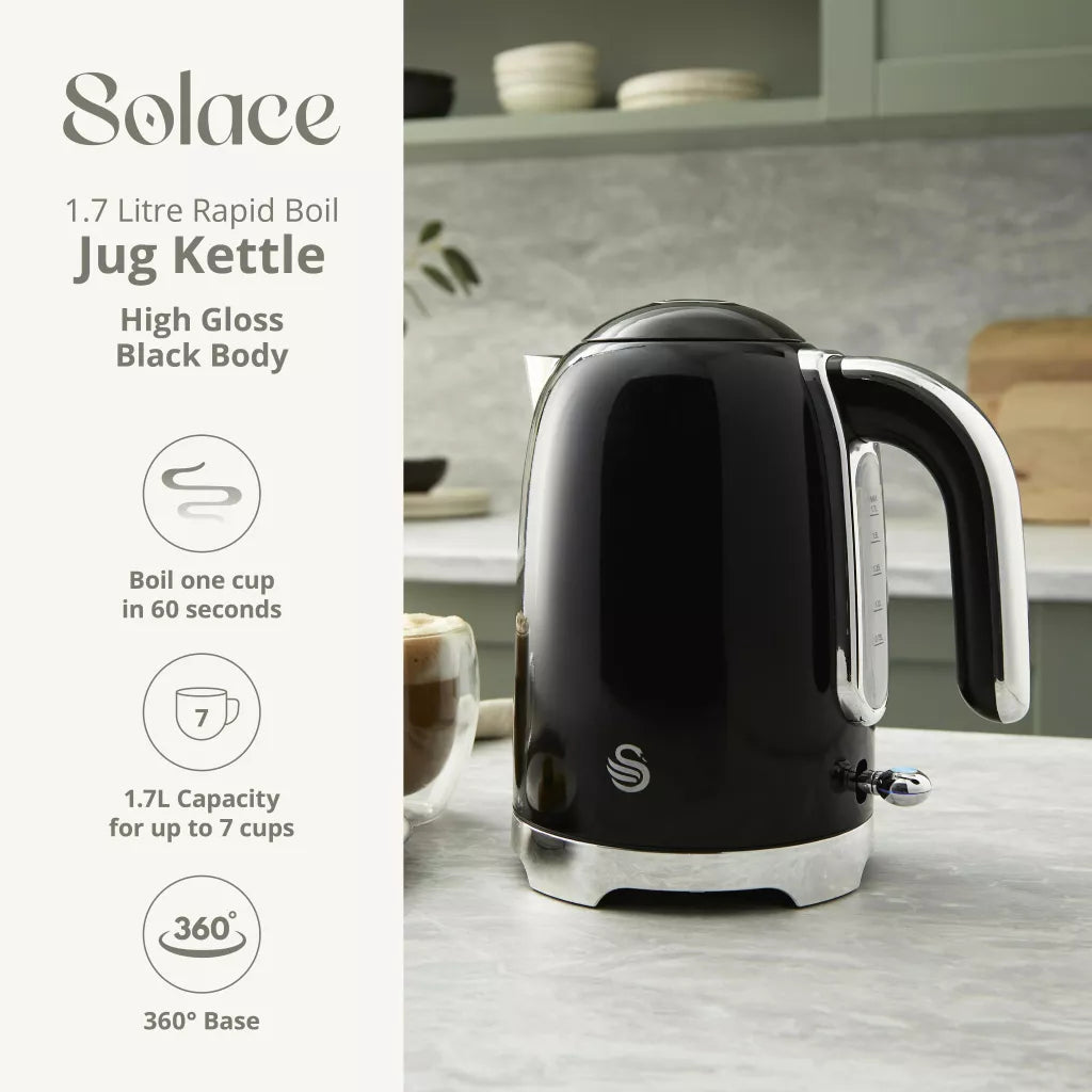 Swan Solace Jug Kettle, 2 Slice Toaster & Microwave Kitchen Set (Black)