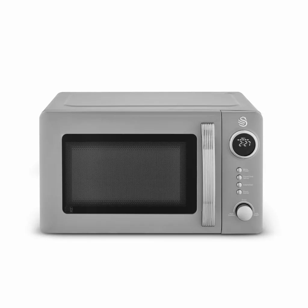 Swan Retro Pyramid Kettle, 4 Slice Toaster & Microwave Kitchen Set (Grey)
