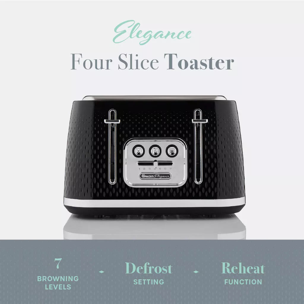 Swan Elegance Jug Kettle, 4 Slice Toaster & Microwave Kitchen Set (Black)