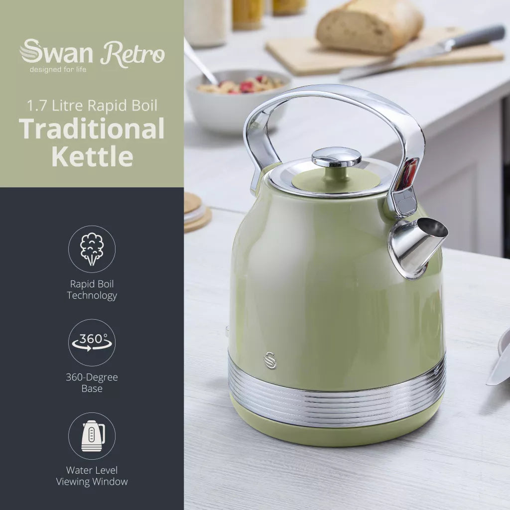 Swan Swan Retro Pyramid Kettle, 2 Slice Toaster, Bread Bin & Canisters Kitchen Set (Green)