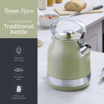 Swan Swan Retro Pyramid Kettle, 2 Slice Toaster, Bread Bin & Canisters Kitchen Set (Green)