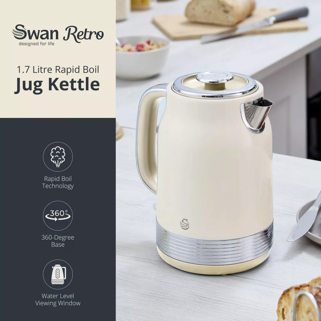 Swan Swan Retro Jug Kettle & 4 Slice Toaster Kitchen Set (Chantilly Cream)