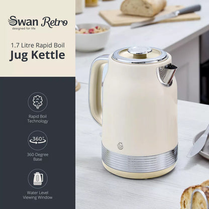 Swan Swan Retro Jug Kettle & 4 Slice Toaster Kitchen Set (Chantilly Cream)