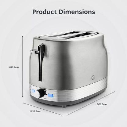 Stainless steel two-slice toaster dimensions diagram with lever and blue power light