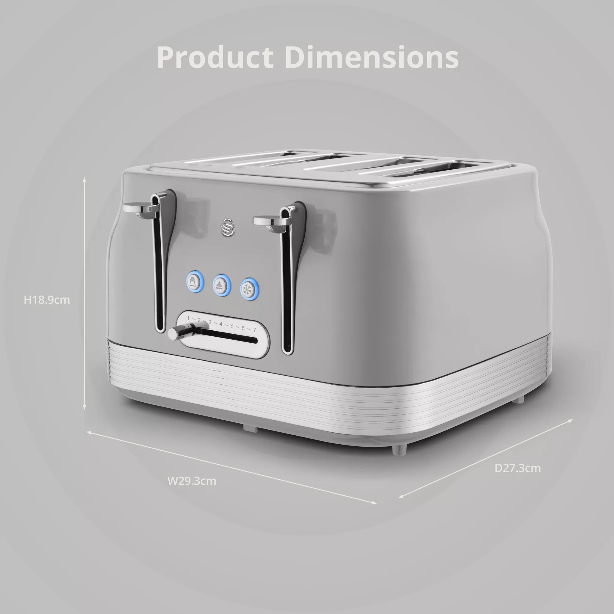 Grey retro pyramid 4-slice toaster and kettle kitchen set, front view