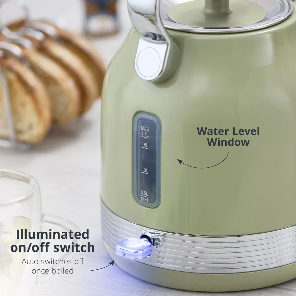 Swan Swan Retro Pyramid Kettle, 2 Slice Toaster, Bread Bin & Canisters Kitchen Set (Green)