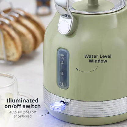 Swan Swan Retro Pyramid Kettle, 2 Slice Toaster, Bread Bin & Canisters Kitchen Set (Green)