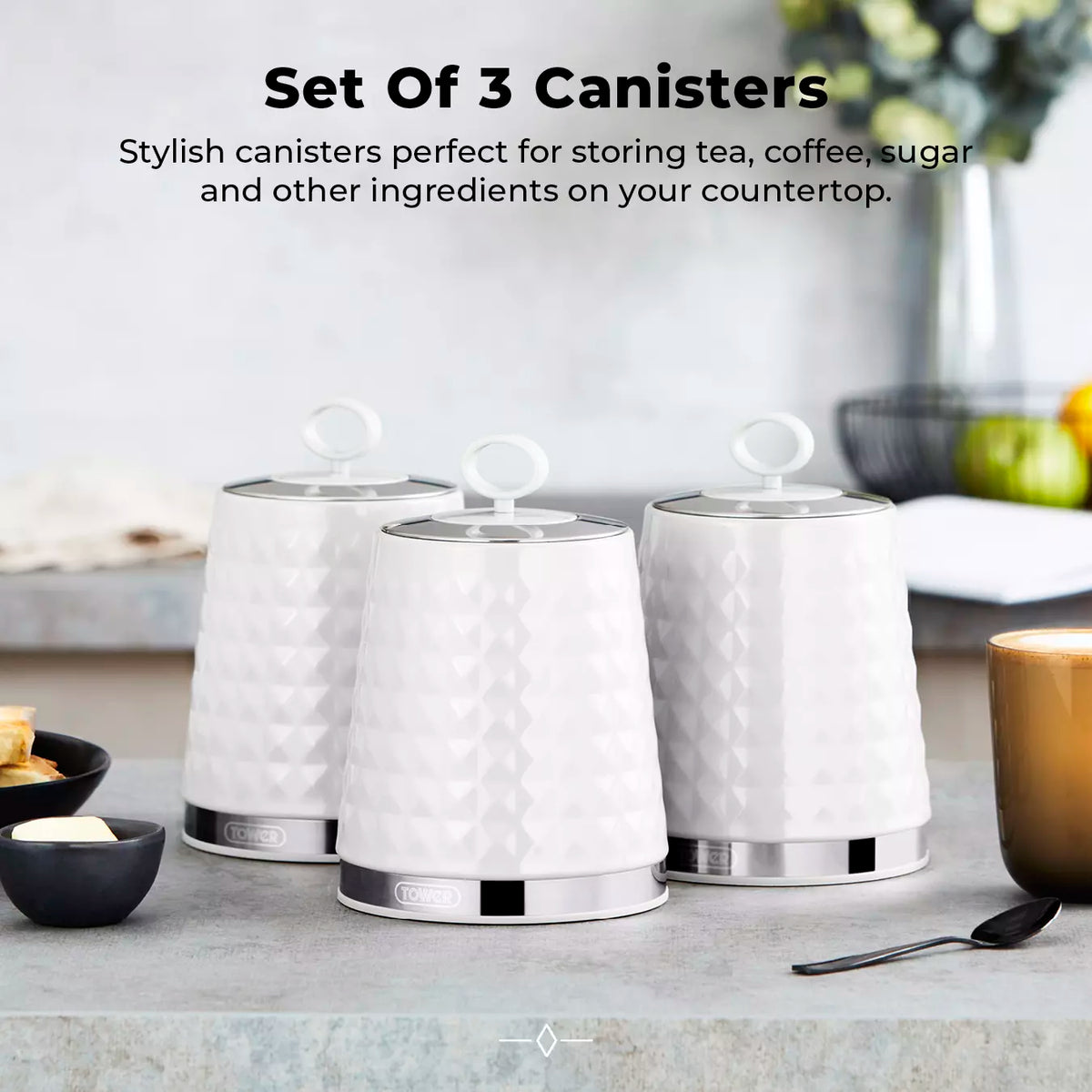 Tower Tower Solitaire Kettle, 2 Slice Toaster, Bread Bin & Canisters Kitchen Set (White)