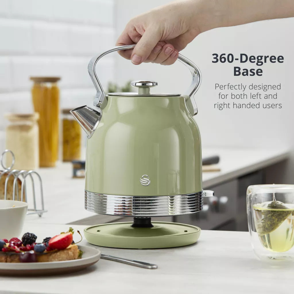 Swan Swan Retro Pyramid Kettle, 2 Slice Toaster, Bread Bin & Canisters Kitchen Set (Green)