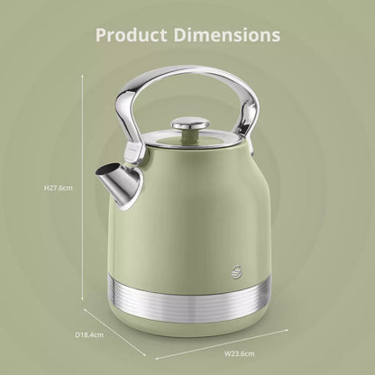 Swan Swan Retro Pyramid Kettle, 2 Slice Toaster, Bread Bin & Canisters Kitchen Set (Green)