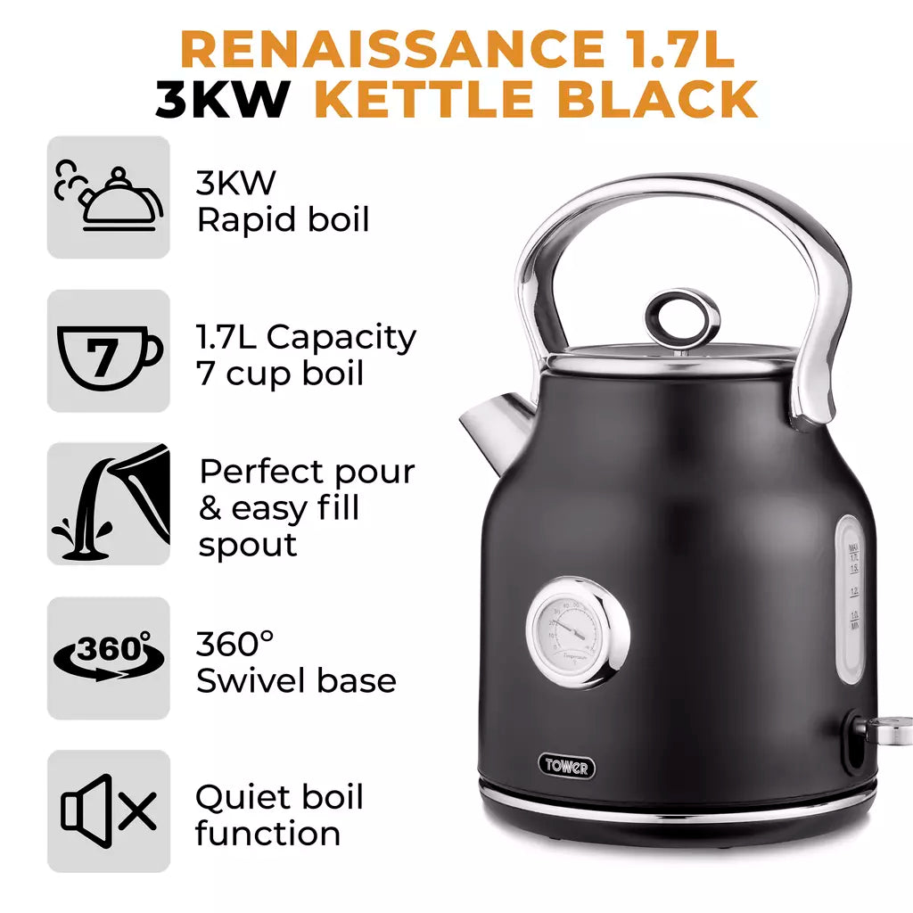 Tower Tower Renaissance Kettle & 4 Slice Toaster Kitchen Set (Black)
