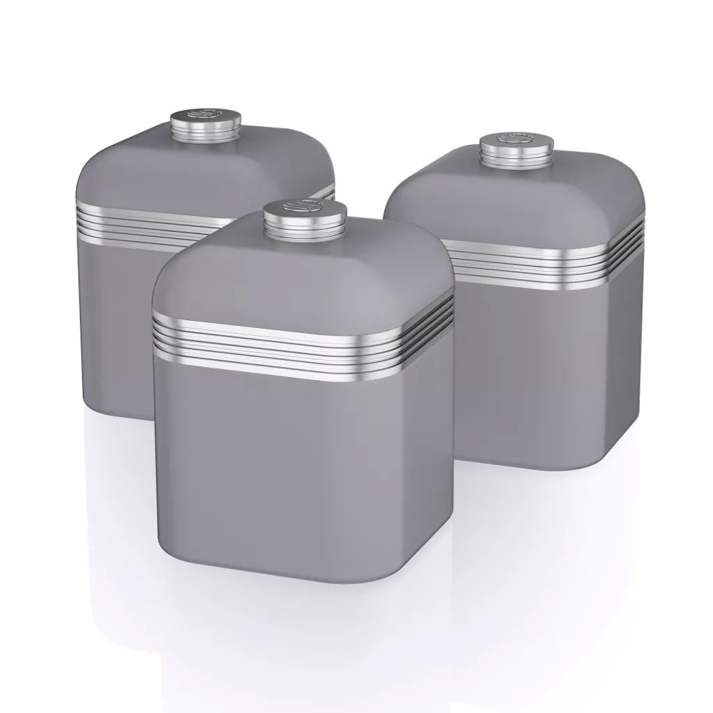 Swan Retro Jug Kettle, 4 Slice Toaster, Bread Bin, Canisters & Microwave (Grey)