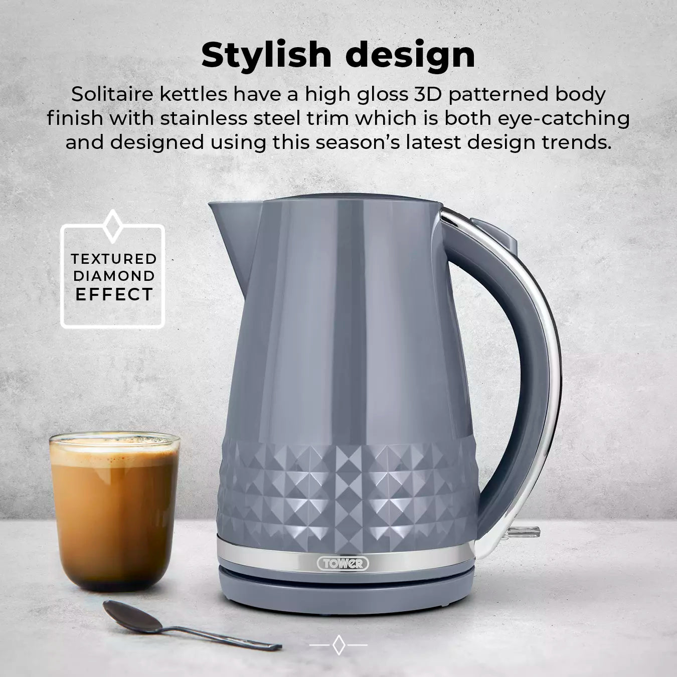 Tower (Amazon) Tower Solitaire Jug Kettle & 2 Slice Toaster Kitchen Set (Grey)