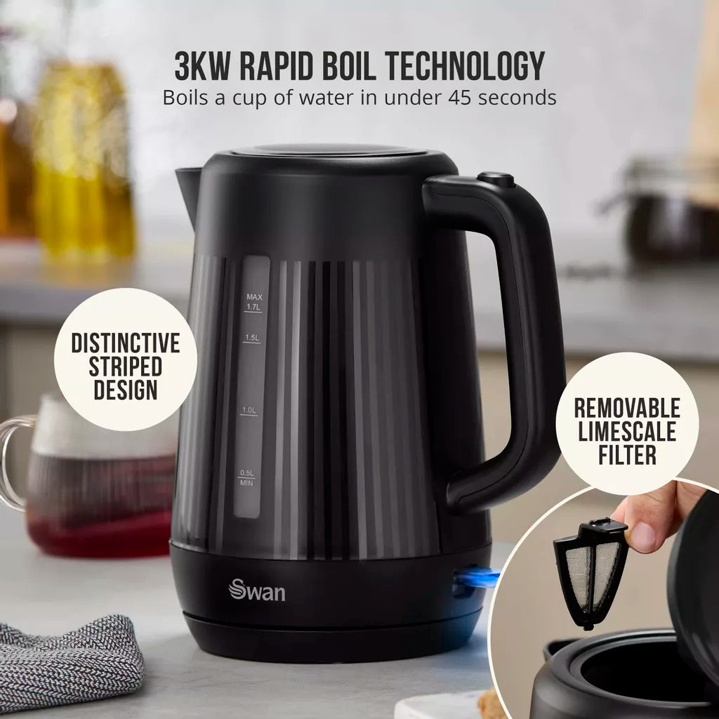 Swan Linea Electric Kettle & 2 Slice Toaster Kitchen Set (Black)