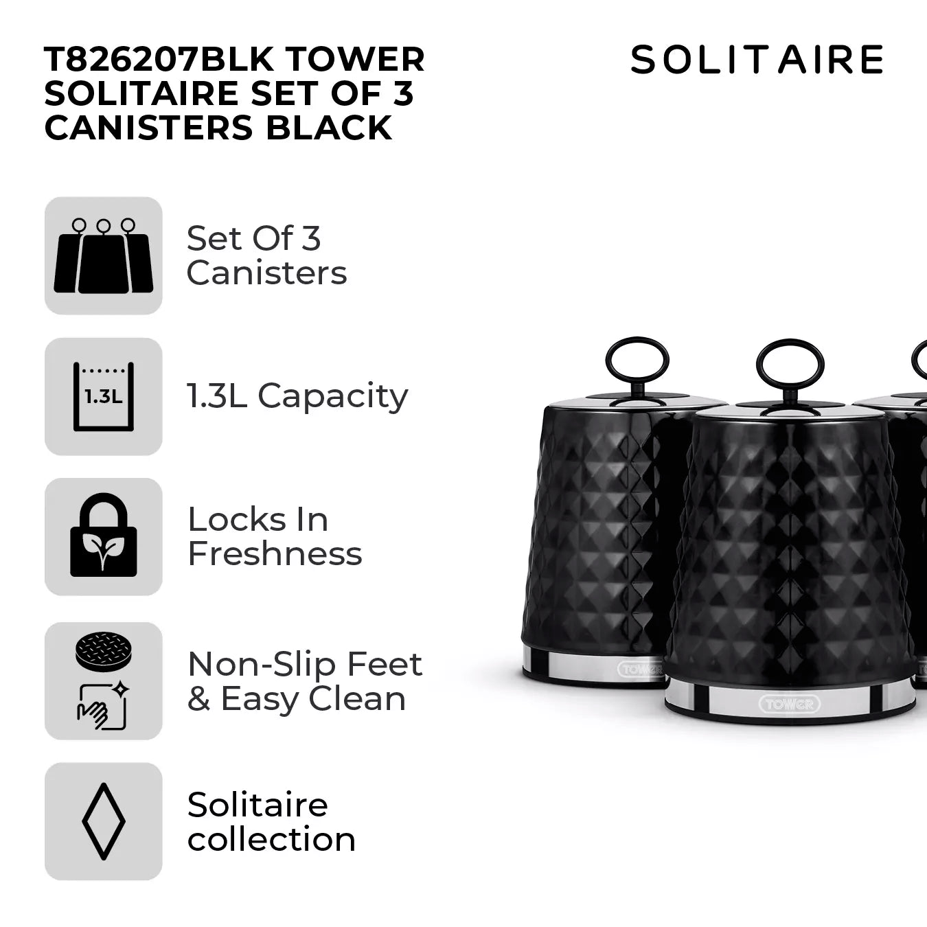 Tower Tower Solitaire Bread Bin & Canisters Kitchen Storage Set (Black)