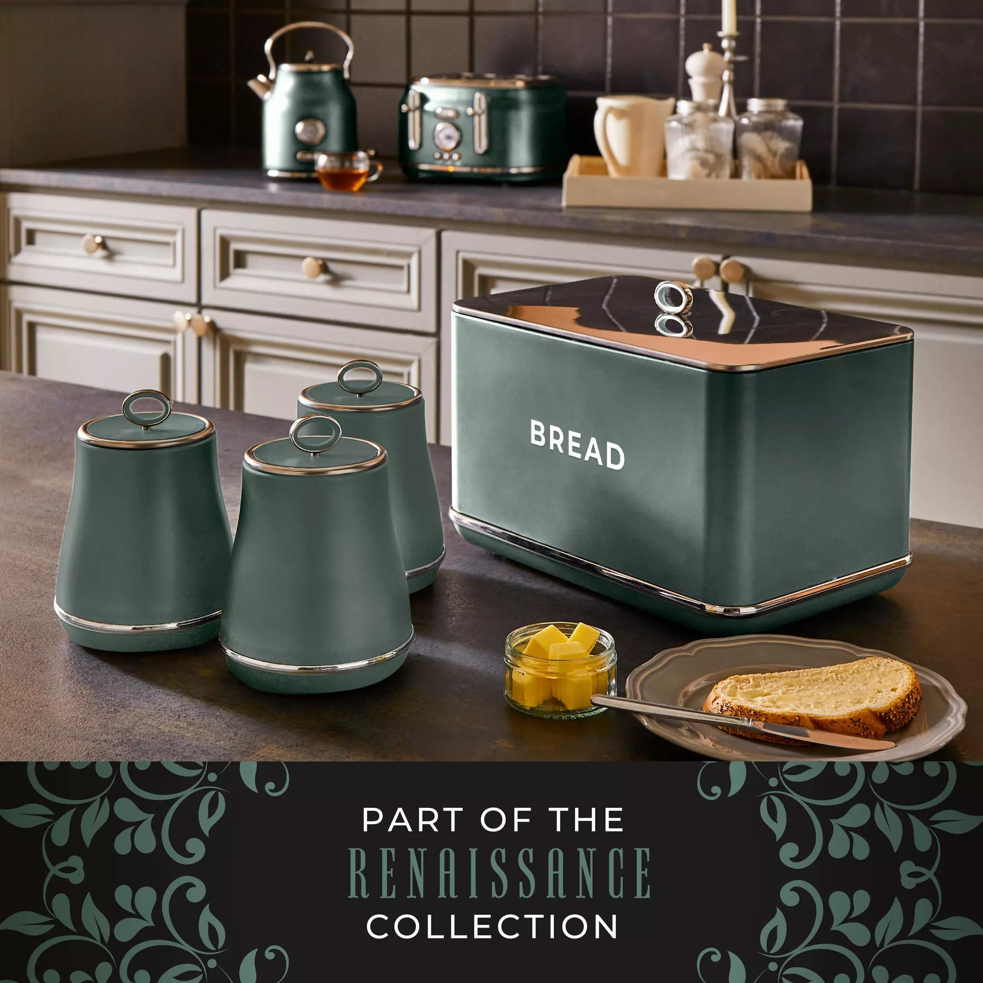 Tower Tower Renaissance Bread Bin & Canisters Kitchen Storage Set (Forest Green)