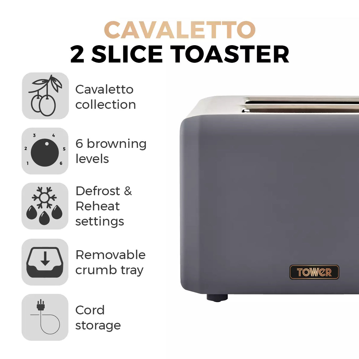 Tower Cavaletto Jug Kettle, 2 Slice Toaster & Microwave Kitchen Set (Grey)