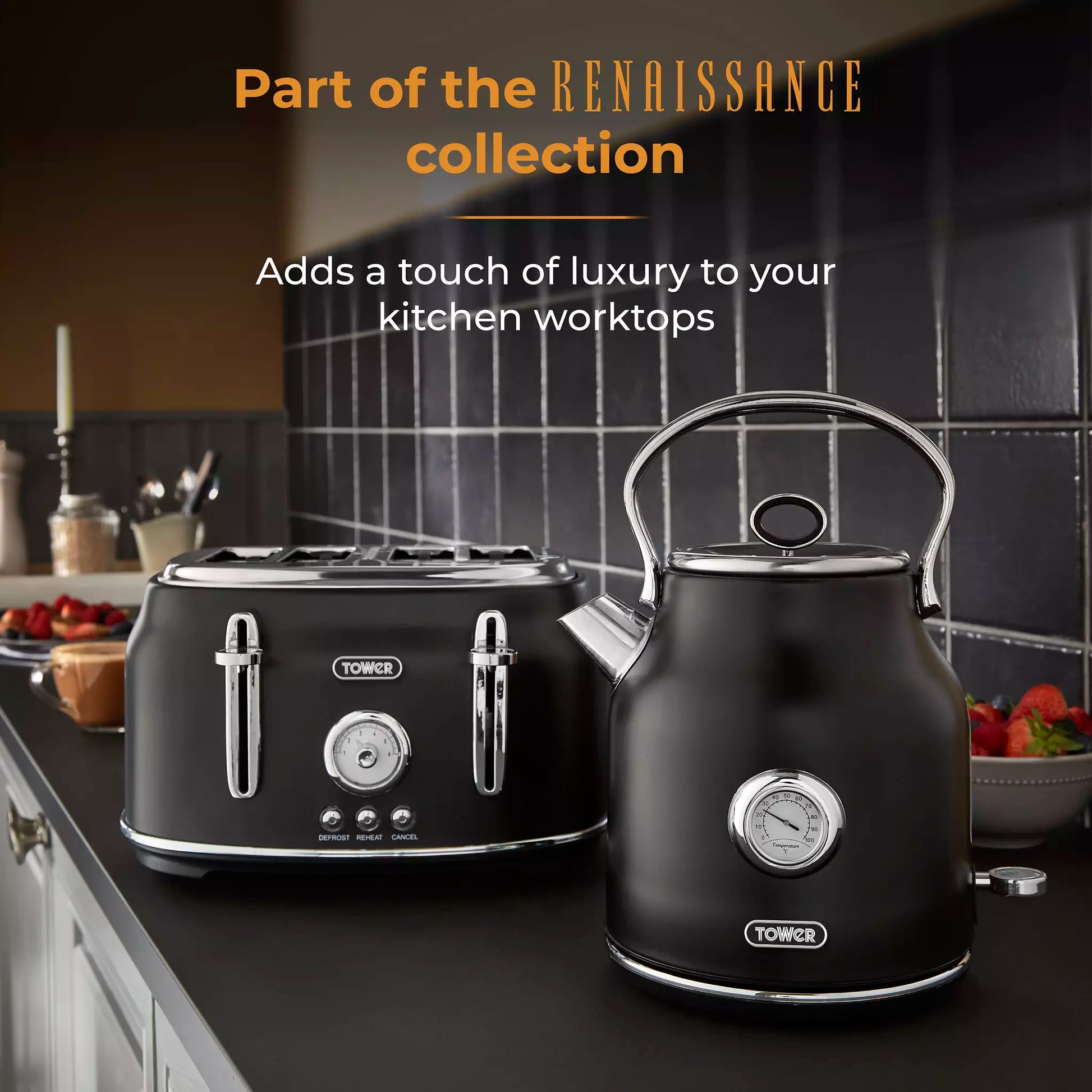 Tower Tower Renaissance Kettle & 4 Slice Toaster Kitchen Set (Black)