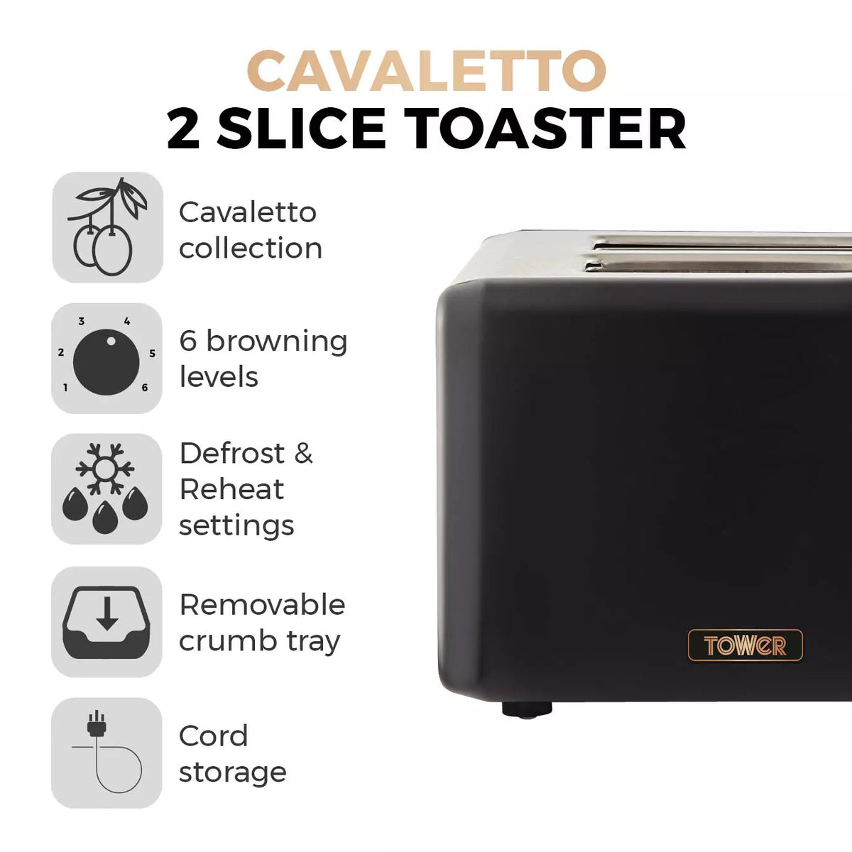 Tower Cavaletto Jug Kettle, 2 Slice Toaster, Canisters & Microwave Kitchen Set (Black)