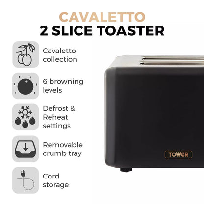 Tower Cavaletto Jug Kettle, 2 Slice Toaster, Canisters & Microwave Kitchen Set (Black)