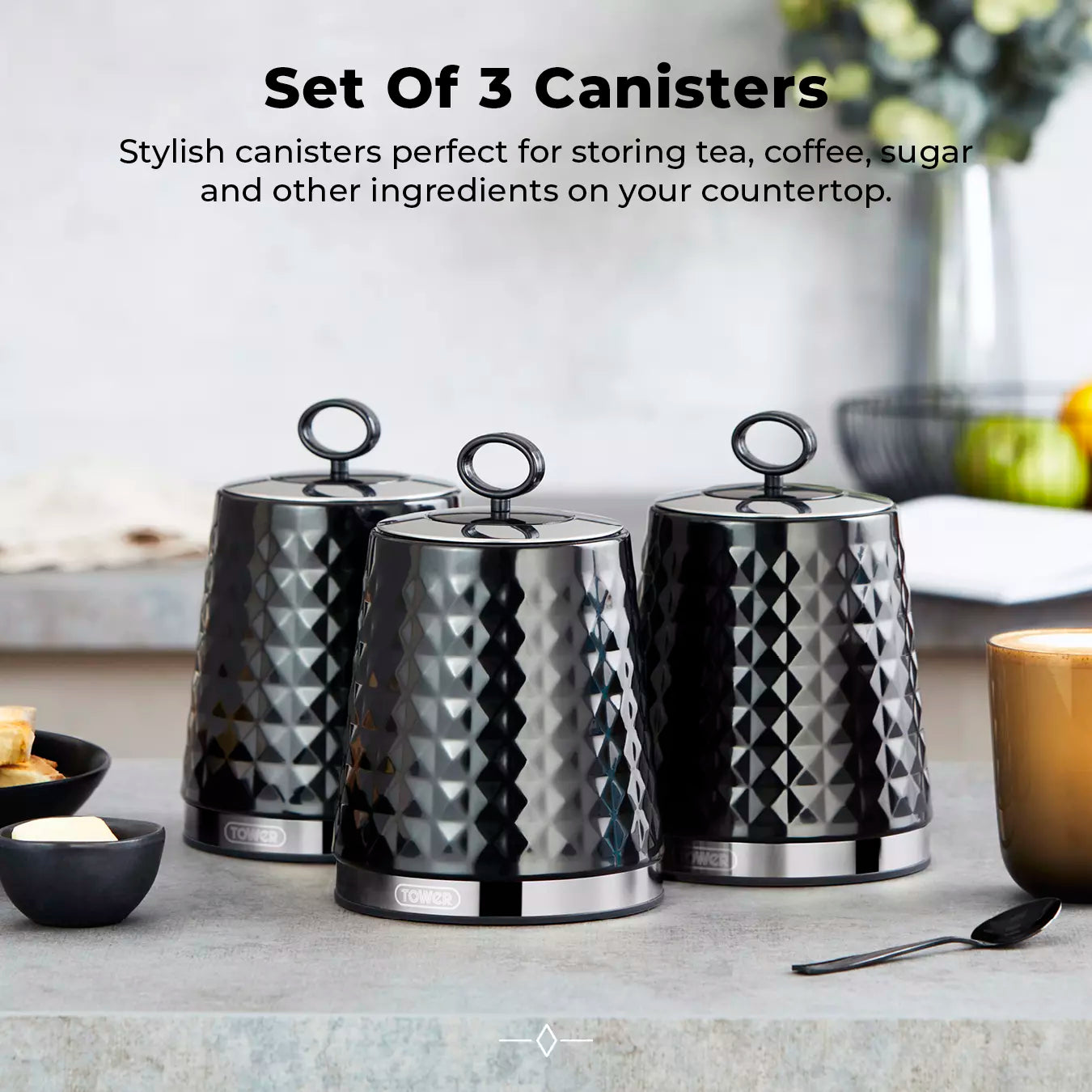 Tower Tower Solitaire Bread Bin & Canisters Kitchen Storage Set (Black)