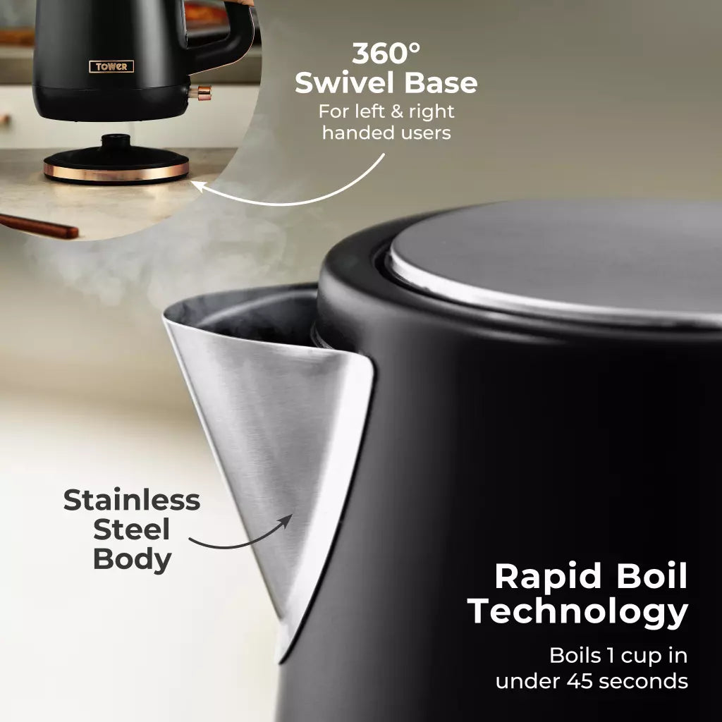 Tower Cavaletto Jug Kettle, 2 Slice Toaster, Canisters & Bread Bin (Black)