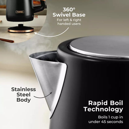 Tower Cavaletto Jug Kettle, 2 Slice Toaster, Canisters & Bread Bin (Black)