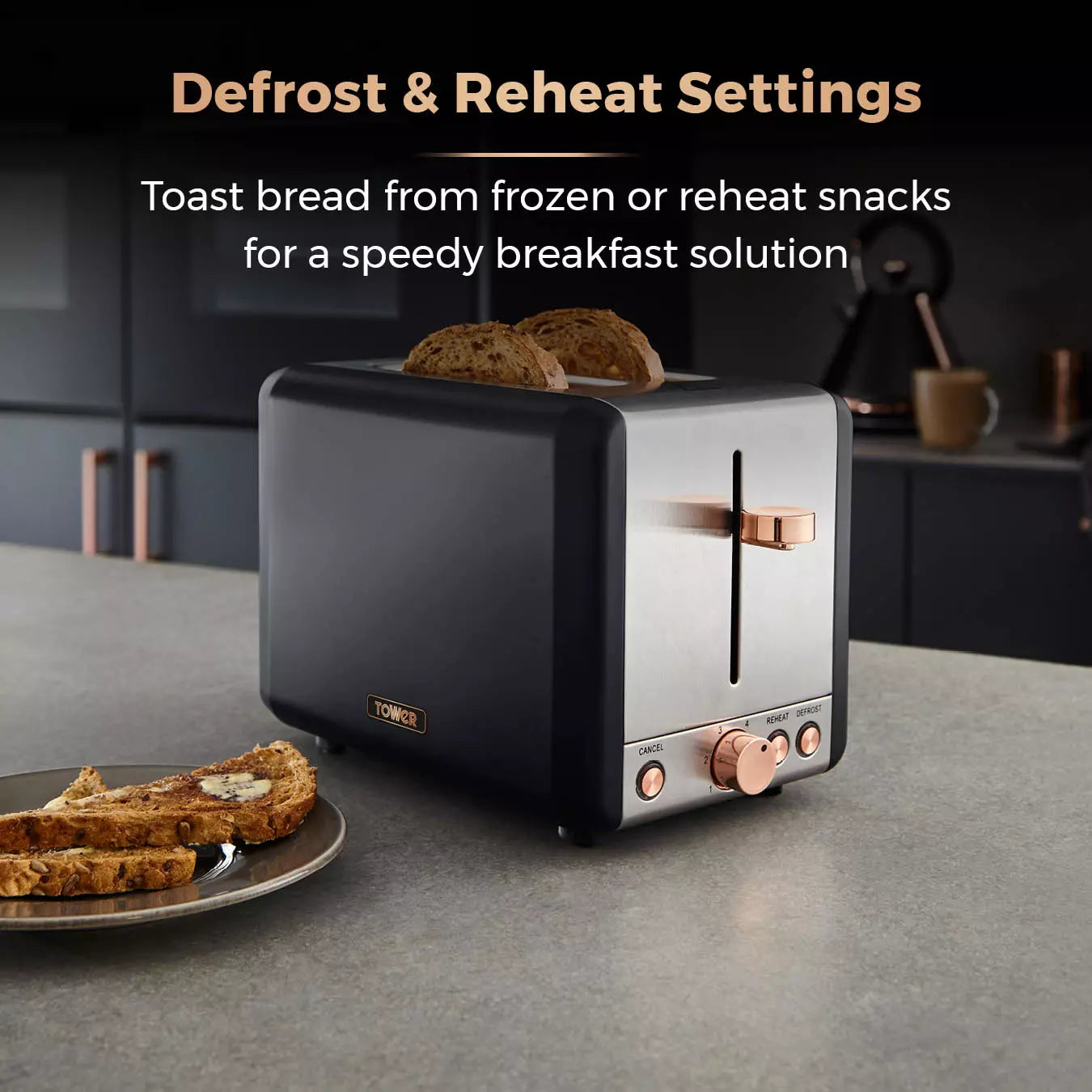 Tower Cavaletto Jug Kettle, 2 Slice Toaster, Canisters & Microwave Kitchen Set (Black)