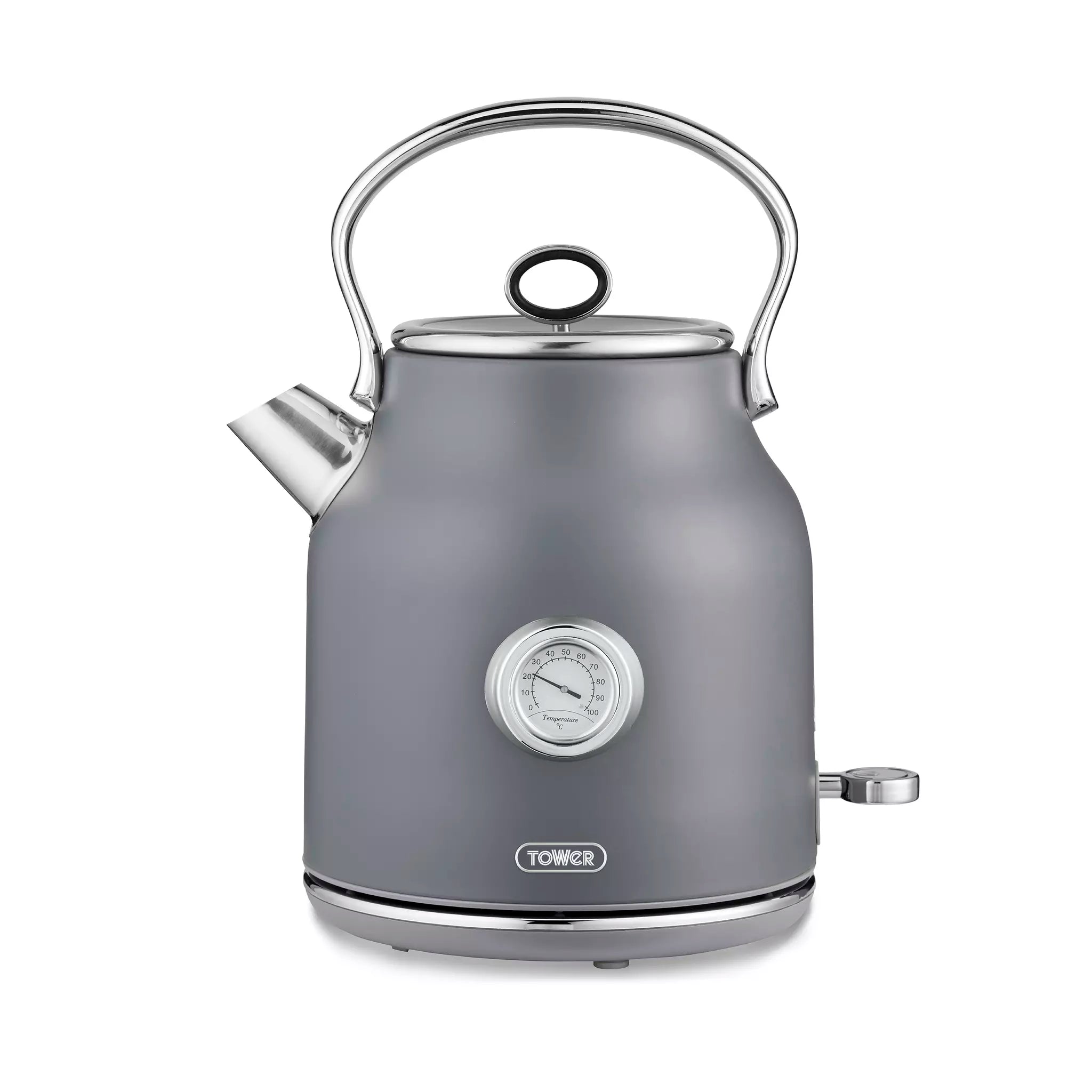 Grey electric kettle with curved handle, lid knob, and TOWER badge