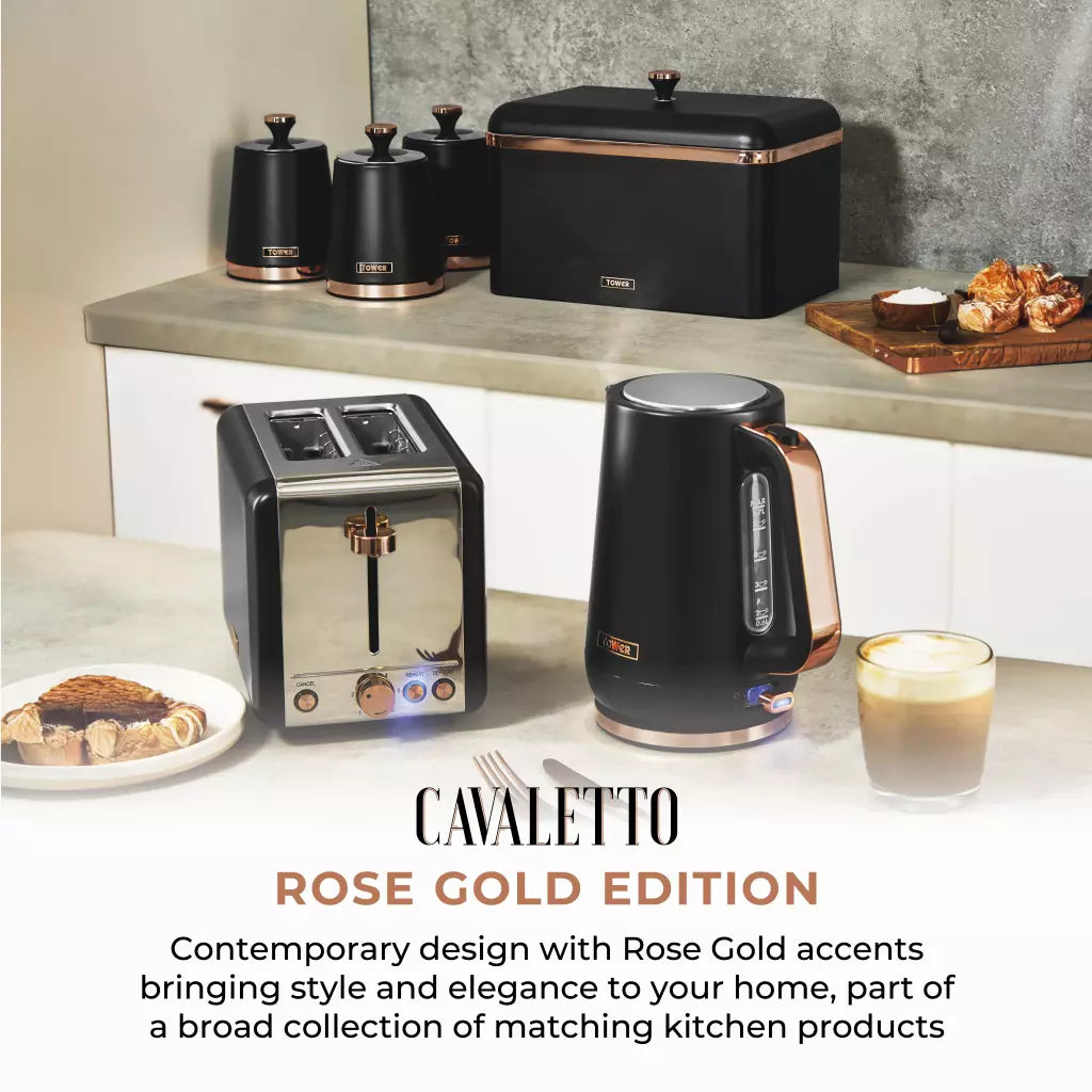 Tower Cavaletto Jug Kettle, 2 Slice Toaster, Canisters & Microwave Kitchen Set (Black)
