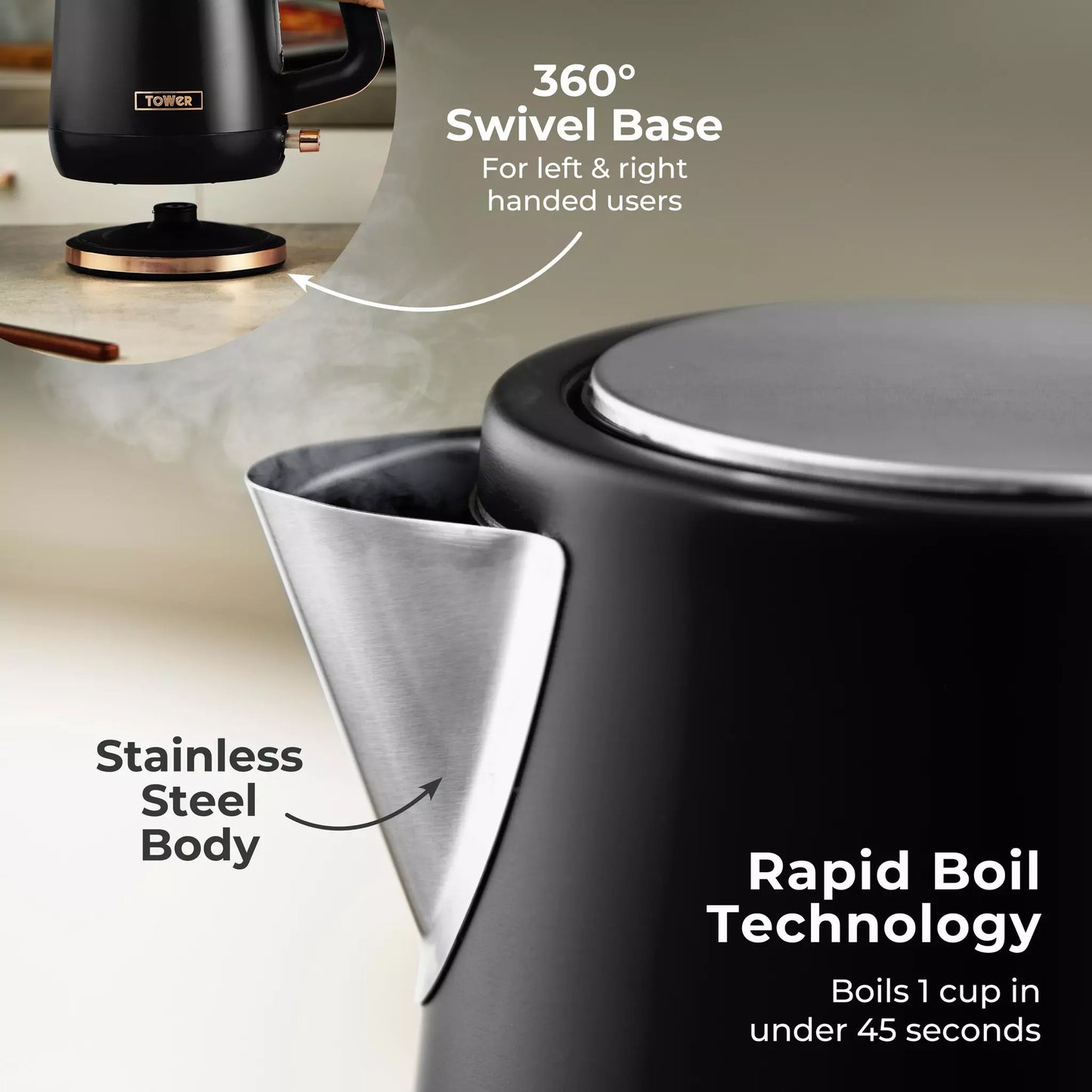 Tower Cavaletto Jug Kettle, 2 Slice Toaster, Canisters & Microwave Kitchen Set (Black)